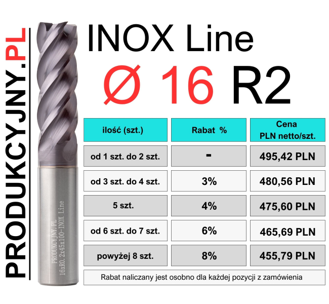 Frez z promieniem naroża fi 16 R2 INOX LINE